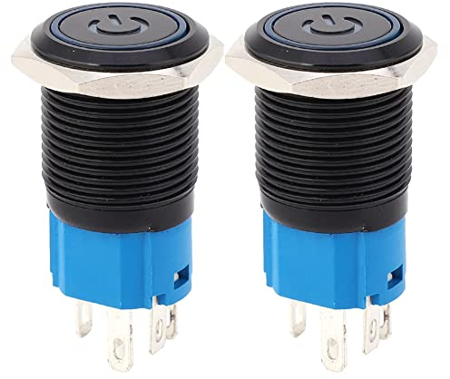 1NO1NC 2 Stück LED Taster Schalter 16mm Druckknopf Schalter Selbstsichernd Schwarz Wasserdicht für Auto (Blue-220VAC)