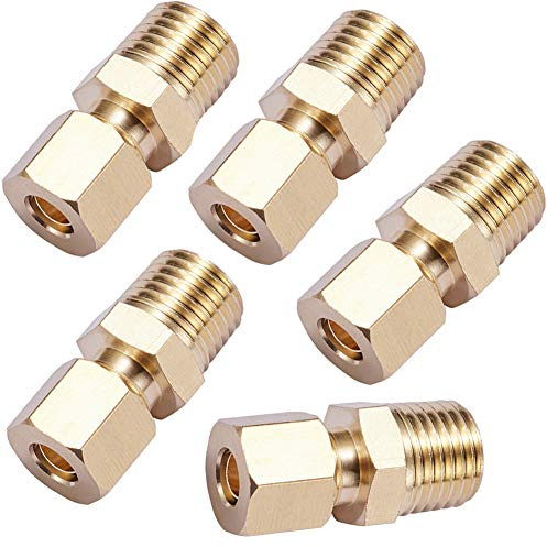 Brass Compression Tube Pipe Fitting Connector, Straight Coupling Adapter,1/4 Tube OD x 1/4 NPT Male Connector 5pcs (1/4 OD Compression x 1/4 NPT Male)