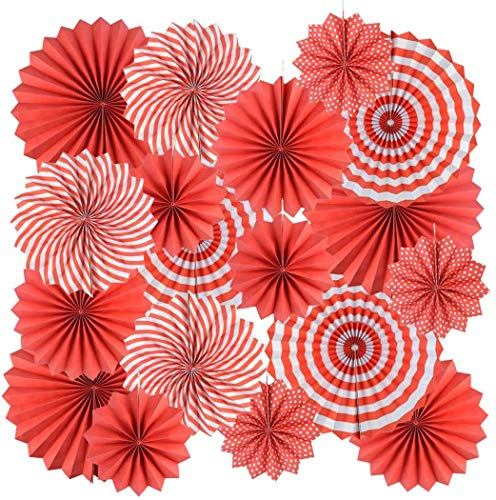 ANCLLO 12 Stück Party Hängende Papierfächer Set, Runde Muster Papier Girlanden Dekoration für Geburtstag Hochzeit Abschlussfeier Events Zubehör (Rot)