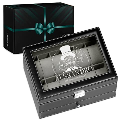 Maverton Cofanetto Porta Orologi e Gioielli con 12 scomparti e 1 cassetto - Custodia Orologi - Coperchio in vetro - Fodera in velluto - incisione personalizzata - regalo uomo - Tempo