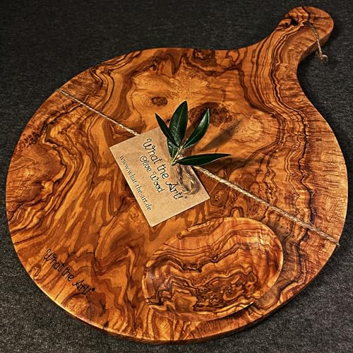 What the Art!® Olive Wood «Margherita» | Olivenholz Schneidebrett + Dip-Schälchen | Handarbeit | 43 x 30 x 2 cm | Pizzabrett - Käsebrett - Hackbrett - Servierbrett