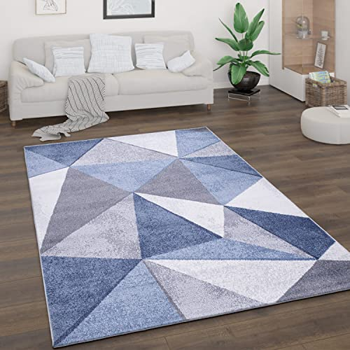 Paco Home Teppich Wohnzimmer Kurzflor Vintage Stil Abstrakt Modernes Geometrisches Rautenmuster Design, Grösse:160x220 cm, Farbe:Blau