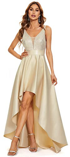 Ever-Pretty Vestito da Cerimonia Scollo a V Maniche Corte Linea ad A Corto Davanti Lungo Dietro da Donna Oro Rosa 40