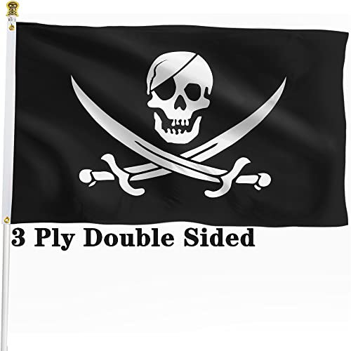 XIFAN Premium doppelseitige Jolly Roger Piratenflagge, 90x150 cm, strapazierfähig, 3-lagig, Polyester-Totenkopf-Flaggen, Jack Rackham Indoor Outdoor Banner mit lebendigem Druck, 4 Reihen Stiche Saum