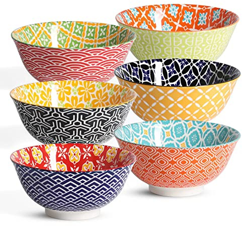 Metahom Ceramic Cereal Bowls, 23 Oz Colorful Soup Bowls, Deep Porcelain Bowl Set for Salad, Dessert, Pasta, Ice Cream,Set of 6