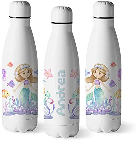 Zumo Digital Botella de Agua Personalizada Diseño de Sirena, Personaliza tu Nombre, Botella para Niñas, Libre BPA, Acero Inoxidable de 500ml (Sirena 1)
