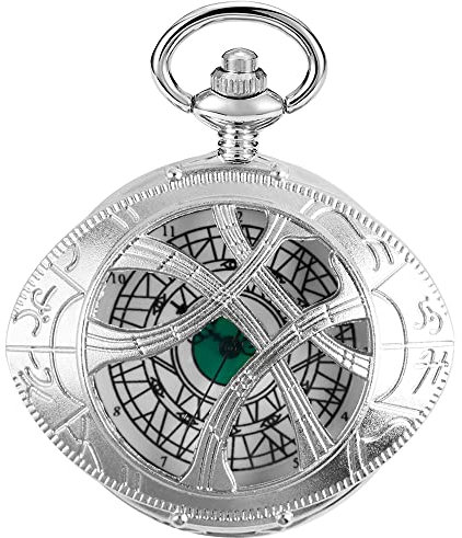 Tiong Antike Steampunk Quarz Taschenuhr Anhänger Halskette Kette Geschenk Herren, Taschenuhr Herren Quarz Taschenuhr Armband Geschenkbox, Qz505-Silber