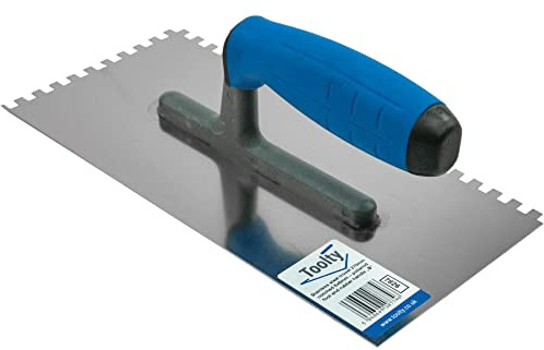 Toolty Notched Tiling Trowel - Stainless Steel - Non-Slip Rubber Handle - 6 x 6 mm Notch - 10.6 x 5.04 - for Applying Adhesives and Screeds