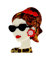 Broche bijou visage femme a lunette & boucles d'oreilles rouge.