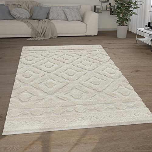 Paco Home Hochflor Teppich Wohnzimmer Shaggy 3D Optik Ethno Boho Vintage Look Weich, Grösse:160x220 cm, Farbe:Creme 8