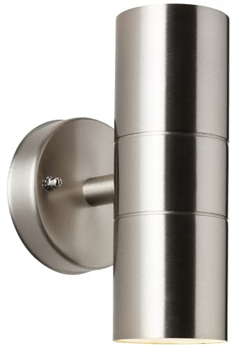 Lightbox Außen Wandstrahler mit Up/Down Light & Regenschutz aus Glas - 17 x 9 cm - Wandleuchte für den Hauseingang - spritzwassergeschützt (IP44) - GU10 - aus Metall/Glas - in Edelstahl