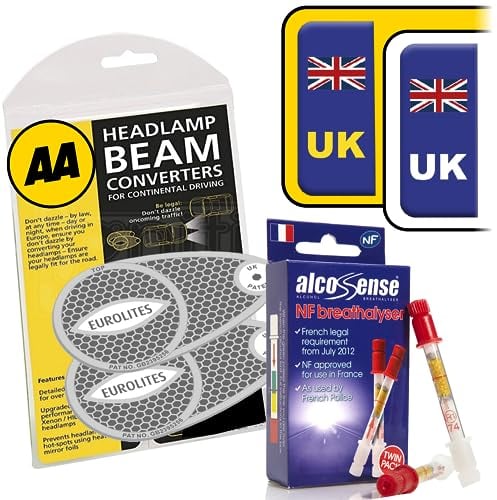 AlcoSense European Travel Kit inc NF Breathalysers + UK Stickers + AA Eurolites Headlight Deflectors for Europe | Car & Motorhome Parts for Car Trips in France, UK Number Plate GB Stickers for Europe