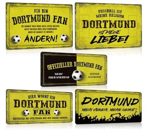 5er Set Fußball Blechschilder - Fussball Metallschild mit Spruch - Sport Schild Deko Zubehör Geschenk Fanartikel für Dortmund Fan Liebhaber Begeisterte