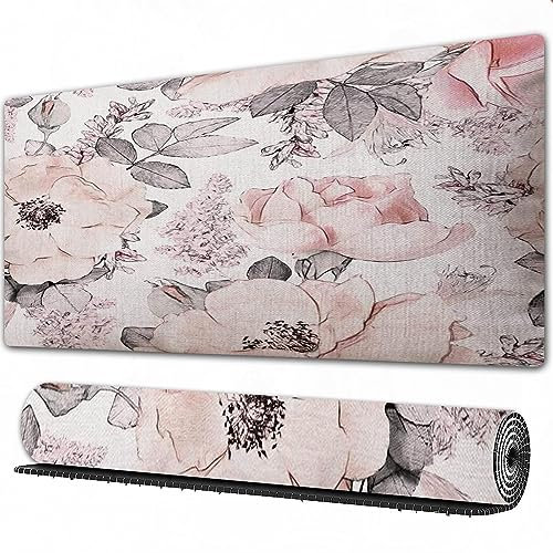 Gaming Mousepad XXL Aquarell-Blumen-Blumenabstrakte rosa graue Blüte-Frühlings-Rose rutschfest und Wasserabweisend Mauspad Groß - Mouse Pad XXL Gaming Schreibtischunterlage PC Zubehör Gaming.
