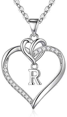 TINGN Kette Damen Halskette mit Buchstaben, Zierlich Herz Halskette für Frauen Silber Kette mit Buchstaben R Halskette Damen Herz Schmuck Damen Geschenke für Mutter Frauen Freundin Teenager Mädchen