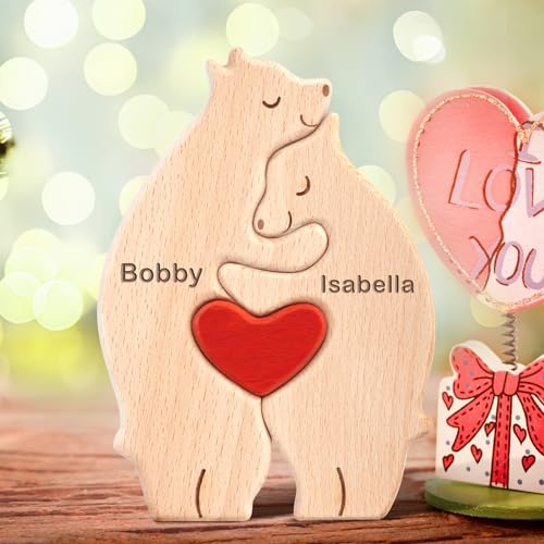Yolnkos Personalisiertes Holzkunstpuzzle der Bärenfamilie mit 1-8 Namen We are One Holz Bär Tier Skulpturen Desktop Ornament Heim Büro Tischdekoration Ideen Geschenk für Weihnachts Jubiläum Geburtstag
