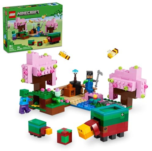 LEGO Minecraft – Le jardin en fleurs de cerisier – Jouet de jeu vidéo pour enfants, ensemble de construction avec 2 figurines Minecraft, abeilles et une figurine renifleur – Jouet Minecraft pratique