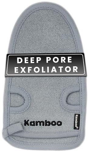 KAMBOO Exfoliating Mitt Deep Pore Cleansing Exfoliating Glove - Dead Skin Remover With Bamboo fibres - Shower Gloves For Women And Men (Blue)