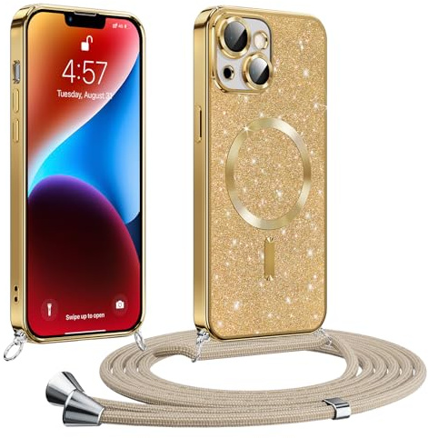 Phoona handyband Hülle für iPhone 14 mit Band, Glitzer Handyhülle Kompatibel mit MagSafe, Ganzkörperschutz Kratzfeste Stossfest Schutzhülle mit Einstellbar Kette, Gold
