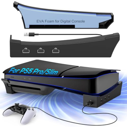 Support Horizontal pour Console PS5 Pro/PS5 Slim avec Hub USB 4 Ports, Base Accessoires pour Playstation 5 Pro/Playstation 5 Slim Disc&Digital Edition,Support avec 4 Ports USB 2.0 Date pour Chargement