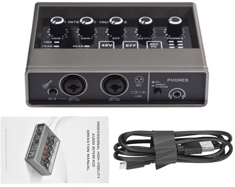 HUIOP Interface audio Enregistrement professionnel Interface audio XLR Reverb Carte son avec alimentation fantôme 48 V Résolution 16 bits/48 kHz Plug and Play pour l'enregistrement de musique Kara
