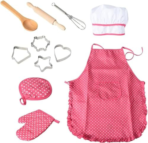 Ensemble de Cuisine et Pâtisserie pour Enfants, 11pcs Mini Jeu de Rôle de Chef, Accessoires Inclus: Tablier, Toque, Gants - pour Garçon Fille de 3 à 10 Ans (Rose)
