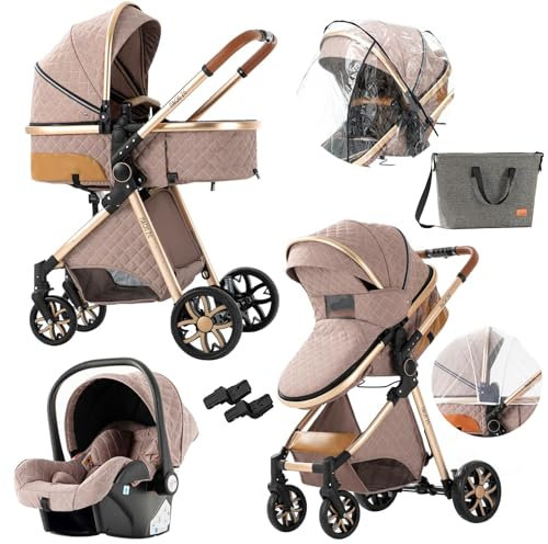 Nine point nine Trio Passeggino Neonati, Passeggino 3 in 1 con Doppia Modalità Spinta Reversibile, Carrozzina per Neonati con Grande Nacelle, Passeggino Trio con Telaio in Alluminio (V9 Khaki)