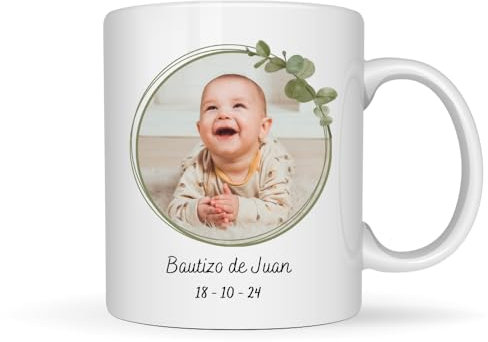 Tazas personalizadas para bautizo | Juego de 6 | Regalo para Invitados | Personalizadas con nombre y foto de tu bebé | Taza de cerámica de 325 ml (2204)