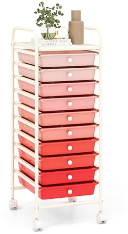 COSTWAY Tour de Rangement, Desserte à roulettes avec 10 Tiroirs, Chariot de Rangement Stable Solide, 4 roulettes Universelles avec Freins, Idéal pour Salon, Cuisine, Salle de Bain (Dégradé Rose)