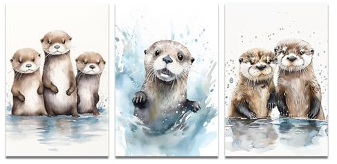 ZQQART 3 teiliges Leinwandbild mit Seeotter Aquarell Otter Bilddrucke süße Tierfamiliengemälde Babyzimmer Badezimmerdekor Rahmen(60x90cmx3 Pieces)