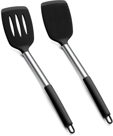 Onader Silikon Pfannenwender, 2 Stück Küchenhelfer Küchenutensilien mit Edelstahlgriff, Antihaft Kochgeschirr Set für Kochen, Hitzebeständiger & Spülmaschinenfest - Schwarz