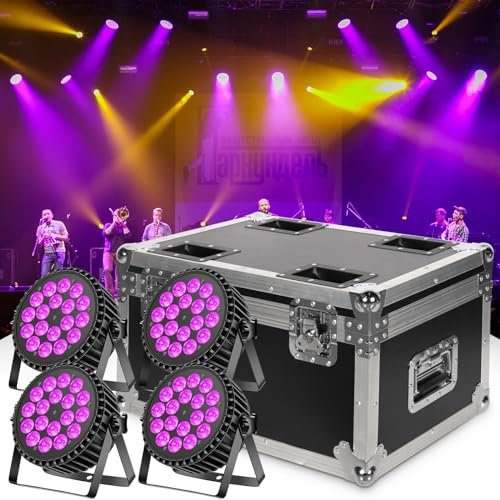 U`King LED Par Bühnenlicht Transportcase und 4 Stück 200W 18 LED Par Scheinwerfer RGB+UV Flightcase DMX512 8CH Hartschale/Leder/Baumwolle Futter/62,5 x 41 x 45,5 cm Anwendbar auf zeigen/Bar/Halloween