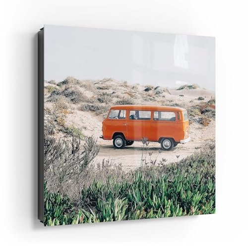 DEQORI Schlüsselkasten schwarz | 30x30 cm | Motiv Küstenabenteuer im VW | Glas & Metall Schlüssel-Box | Schlüsselschrank mit 50 Haken + 2 Magnete | Moderne Box magnetisch & beschreibbar