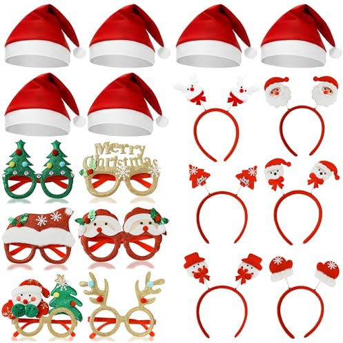 JOYEONDEF 18 Stück Weihnachten Accessoires, 6 Stück Haarreifen Weihnachten, 6 Stück Weihnachtsmützen, 6 Stücke Weihnachten Brillen Rahmen, Lustig Weihnachtsbrillen, Weihnachten Party Dekoration