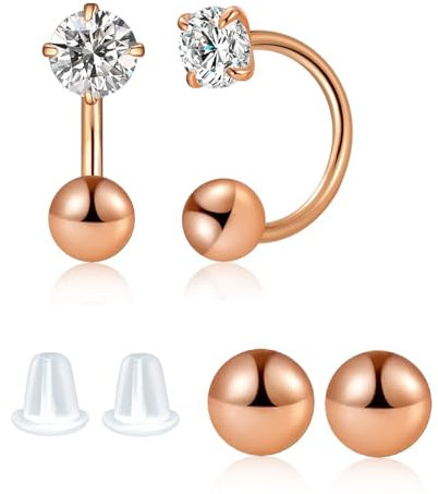 8mm Small Half Hoop Huggie Earrings for Women Teen Girls with Ball Screw Back, 3mm CZ Open Hoop Earrings Cartilage Helix Piercing Ball Screw Backs (Rose Gold)