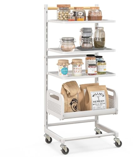 GIANTEX Aufbewahrungswagen mit 4 Ebenen, Trolley mit 20 verstellbaren Regalen, Küchenwagen mit Korb, abschließbar, 35,5 x 29 x 84,5 cm