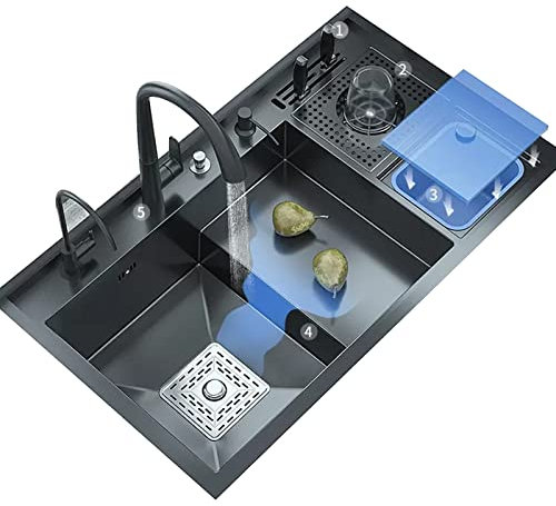 GLMGBP Lavelli da Cucina, lavello con lavello da Cucina con Lavatrice, lavello in Acciaio Inox, lavello Grande con Cestino, Tutti Gli Accessori inclusi/nero/85 * 50 * 22 cm