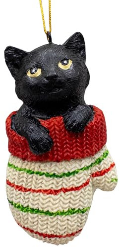 Black Longhair Tabby Kitty Cat in Mitten Christmas Tree Ornament