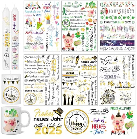 HOWAF 6 Bögen Kerzentattoos Silvester, Kerzentatoo Silvester Kerzen Tattoo Silvester, Frohes neues Jahr Kerzen Tattoofolie für Neujahr Happy New Year Deko, Silvester Deko 2025, für Kerzen/Keramik