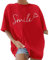 Lonya Women T-Shirt Womens Neck Round Oversized Smile T Shirt Graphic Print Women Short Sleeve Ladies Blouse T-Shirt Casual Loose Summer Cotton Tee Tops,D-Red,M