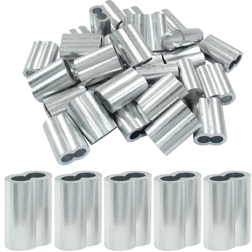 Cjueiom Aluminum Crimping Loop Sleeve, 1/4 Inch / 6mm, 50Pcs | Double Barrel Crimp Sleeves, For Wire Cable Rope Hanging, Silver