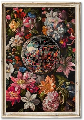 Discokugel, florale Wandkunst, ästhetisches Retro-Poster, Discokugel, Blumendruck, stimmungsvolles Blumenbild, Discokugel, Blumendruck, Barwagen, Kunstwerk, trendiges Discokugelgemälde,