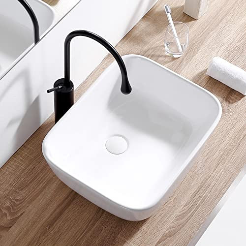 Lavabo Sur Pied 19,4×14,9 Lavabo Sur Pied Rectangulaire En Porcelaine Blanche, Lavabo De Salle De Bain Au-Dessus Du Comptoir, Lavabos Art Basin Avec Robinet Noir Mat Lavabo Sur Pied De Salle De Bai