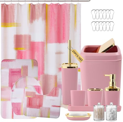 XLHOMO Badezimmer-Set – Rosa und Gold Badezimmer-Zubehör-Set, Badezimmer-Sets mit Duschvorhang und Teppichen, rosa Duschvorhang-Set mit Badezimmer-Mülleimer, Seifenspender, Seifenschale für