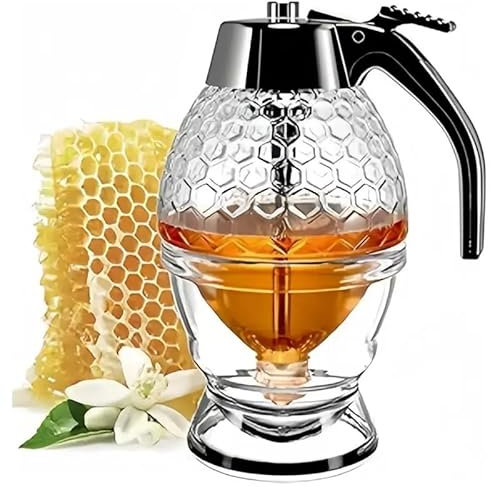 Sengwer Stylish Honey Dispenser with No Drip Spout and Maple Syrup Holder, 8 oz Honey Jar on Stand - Home Kitchen Bee Decor Essential