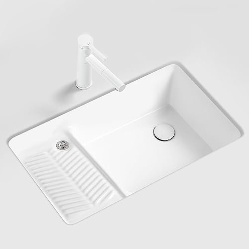 Fregadero de cocina de cerámica blanca con tabla de lavado, fregadero de alta capacidad con grifo extraíble, ideal para cocinas, baños, lavaderos, bares y hoteles (tamaño: )
