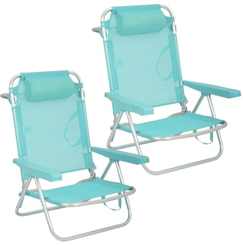 Creaciones Llopis ARW Pack 2 Sillas Playa Plegables con Cojín Reposacabezas 80 x 48,5 x 66 cm. Reclinable Tumbona 114 cm. Largo. (Turquesa)