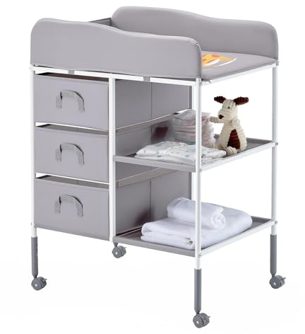 VEVOR Table à Langer Portable, Plan à Langer avec 3 Tiroirs en Tissu et Roulettes Verrouillables, Meuble pour Bébés Multifonctionnel avec Rangement, Hauteur Réglable, pour Chambres d'Enfant, Gris