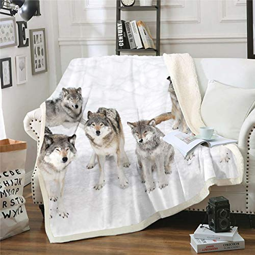 Homemissing Wolf Kuscheldecke Schneewolf Decke 150x200cm Wildtiere Plüsch Wohndecke für Sofa Bett Couch
