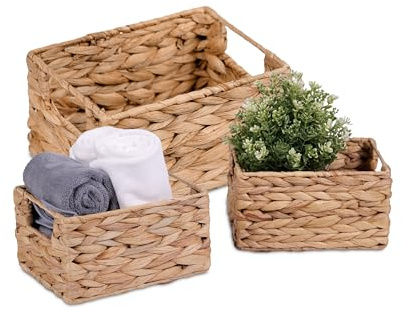 Relaxdays storage basket set, 3 pieces, water hyacinth, 2 sizes, bathroom & decor, woven storage baskets, natural